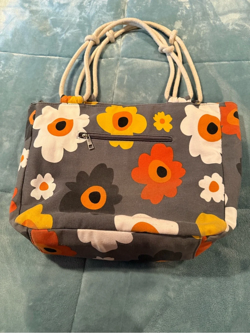 Floral Canvas Tote Bag in Gray with Yellow & Orange Accents